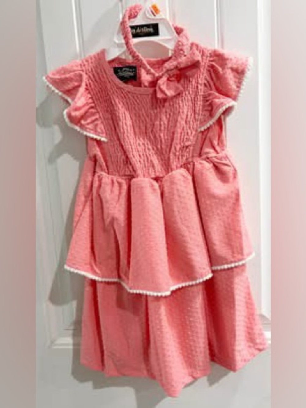 My Destiny Girls Peach Textured Tiered Dress with Headband. NEVER WORN. 6X
